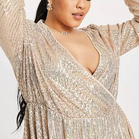 ASOS Collective the Label Curve exclusive wrap sequin mini dress in rose gold - Picture 3 of 15